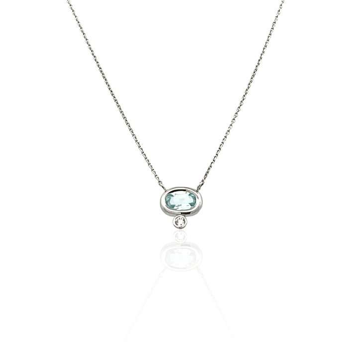 14K White Gold Oval Aquamarine & Diamond Necklace
