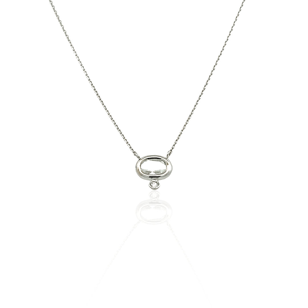 14K White Gold Oval White Topaz & Diamond Necklace