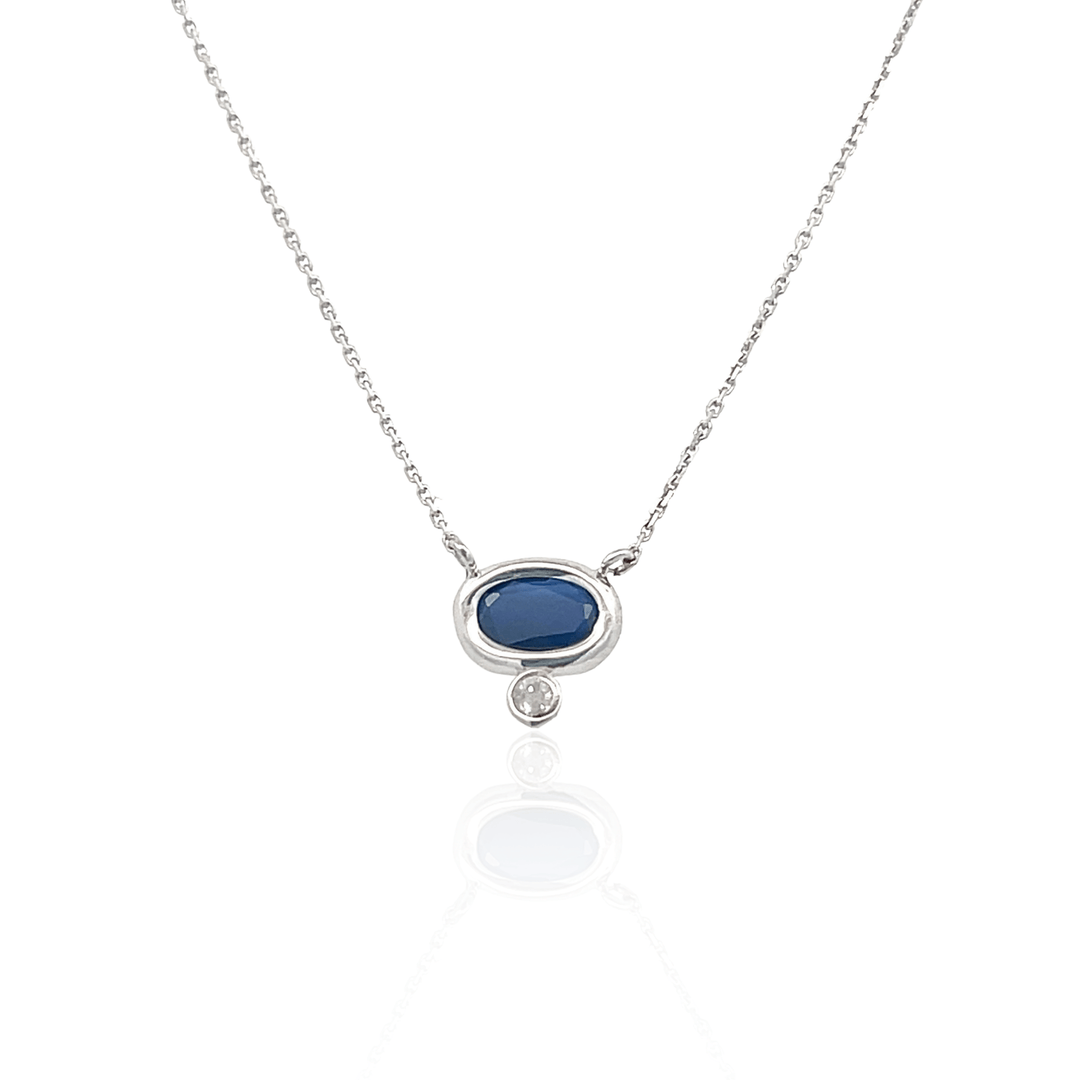 14K White Gold Oval Blue Sapphire and Diamond Necklace