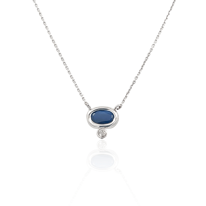 14K White Gold Oval Blue Sapphire and Diamond Necklace