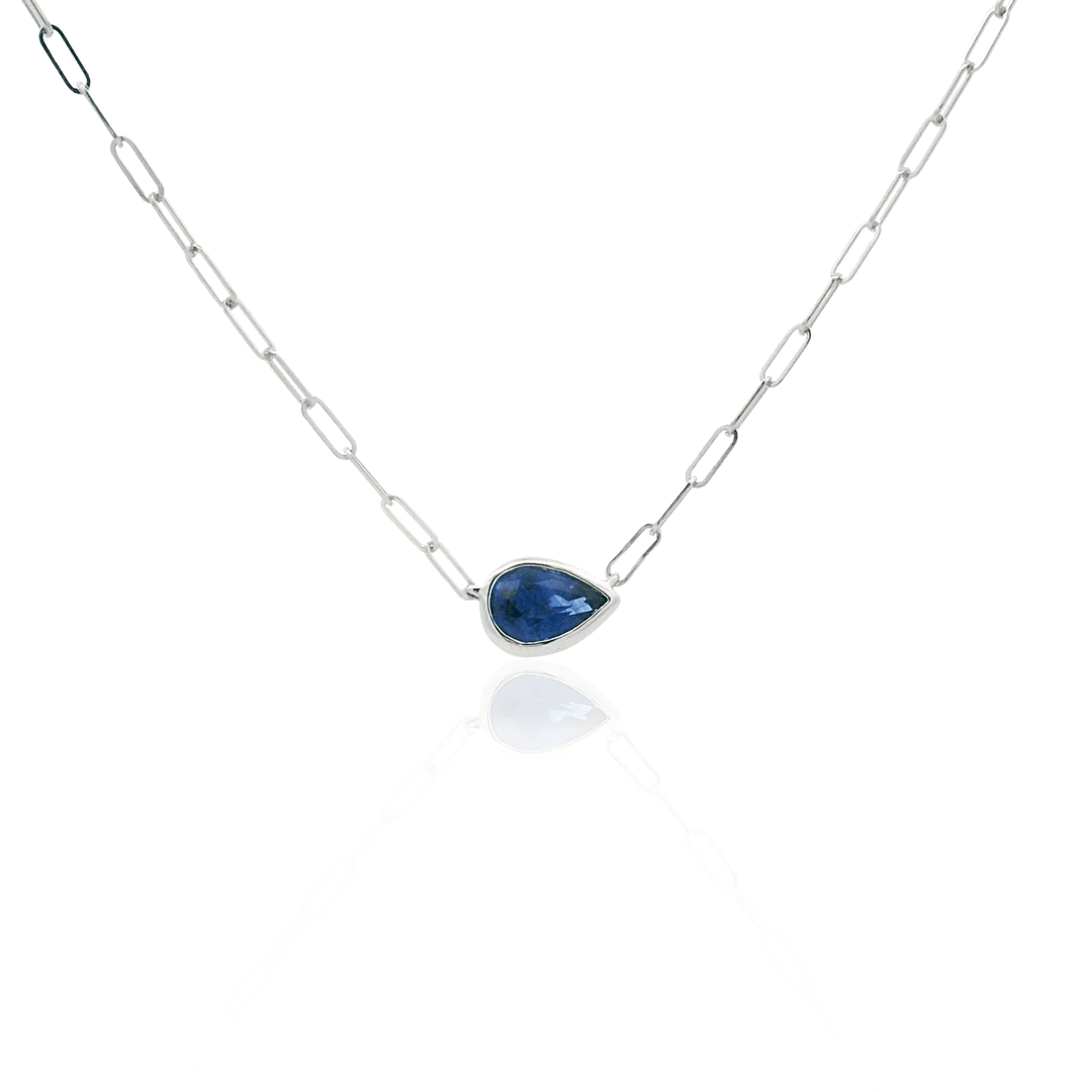14K White Gold 0.80CTW Pear-Shaped Blue Sapphire Solitaire Necklace