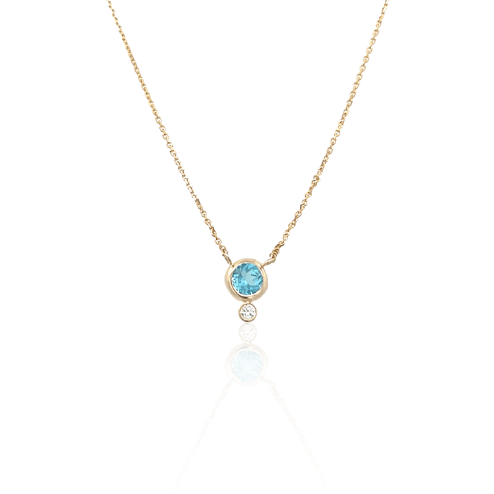 14K Yellow Gold 4mm Round Blue Topaz & Diamond Necklace