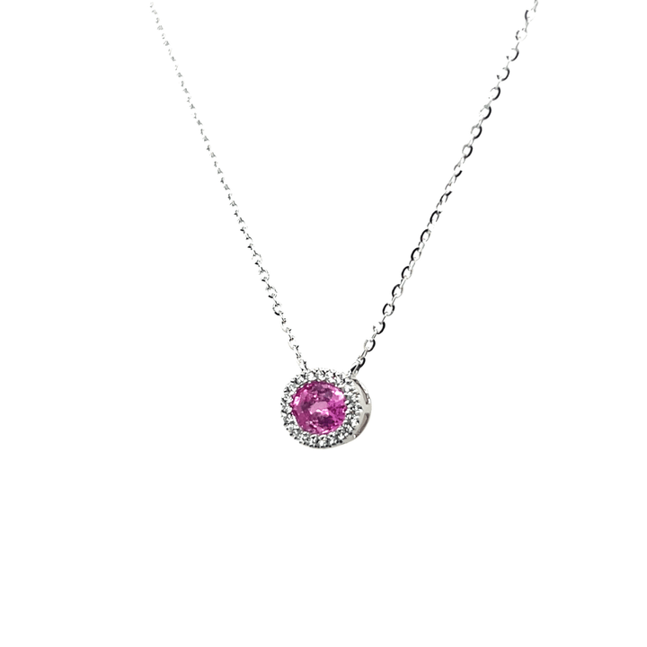14K White Gold 0.56CTW Oval Pink Sapphire & Diamond Halo Necklace