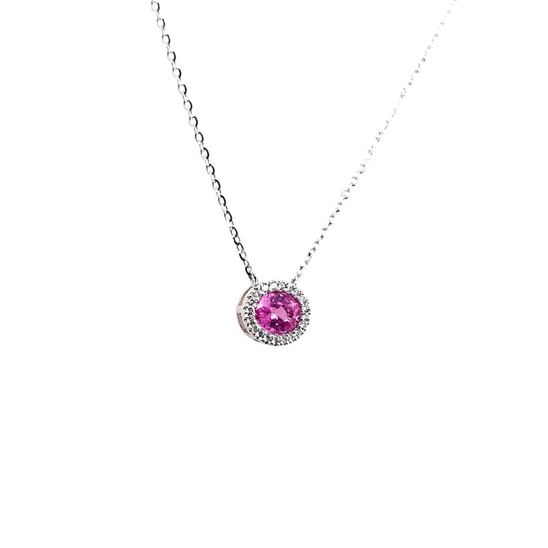 14K White Gold 0.56CTW Oval Pink Sapphire & Diamond Halo Necklace