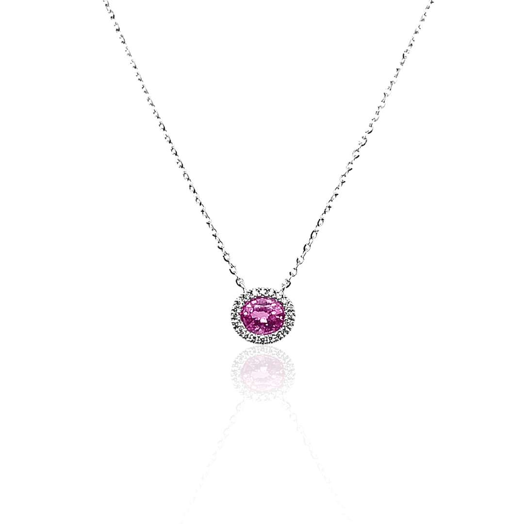14K White Gold 0.56CTW Oval Pink Sapphire & Diamond Halo Necklace