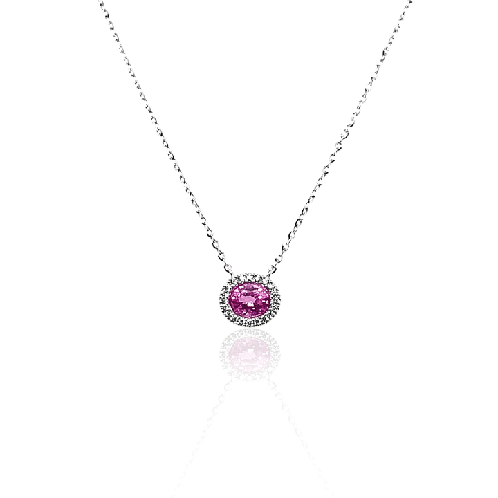 14K White Gold 0.56CTW Oval Pink Sapphire & Diamond Halo Necklace