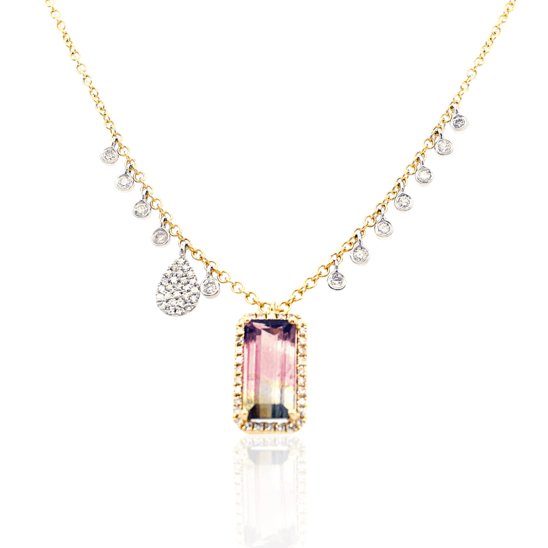 18K Two Tone Gold 2.05CTW Watermelon Tourmaline & Diamond Fringe Necklace