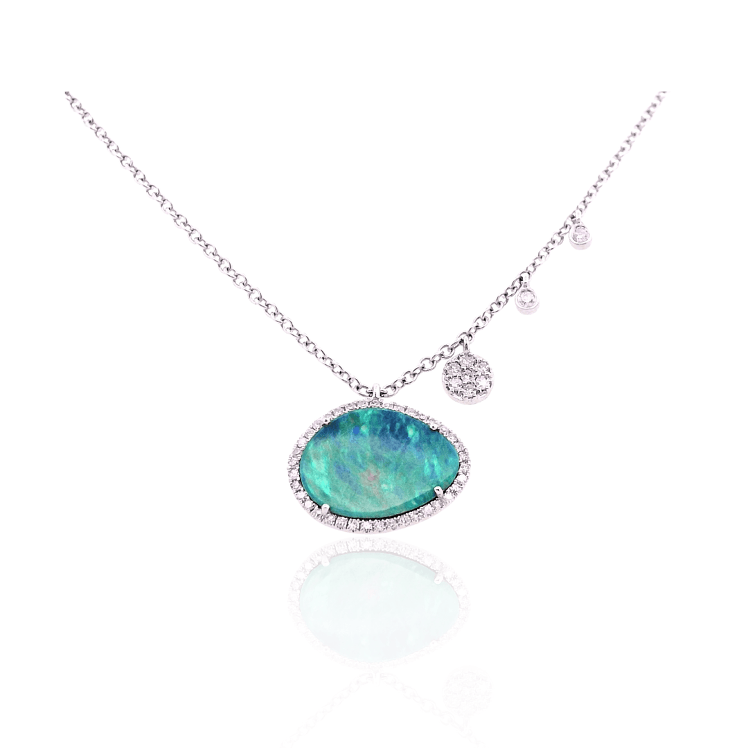 14K White Gold 1.52CTW Freeform Opal and Diamond Halo Fringe Necklace