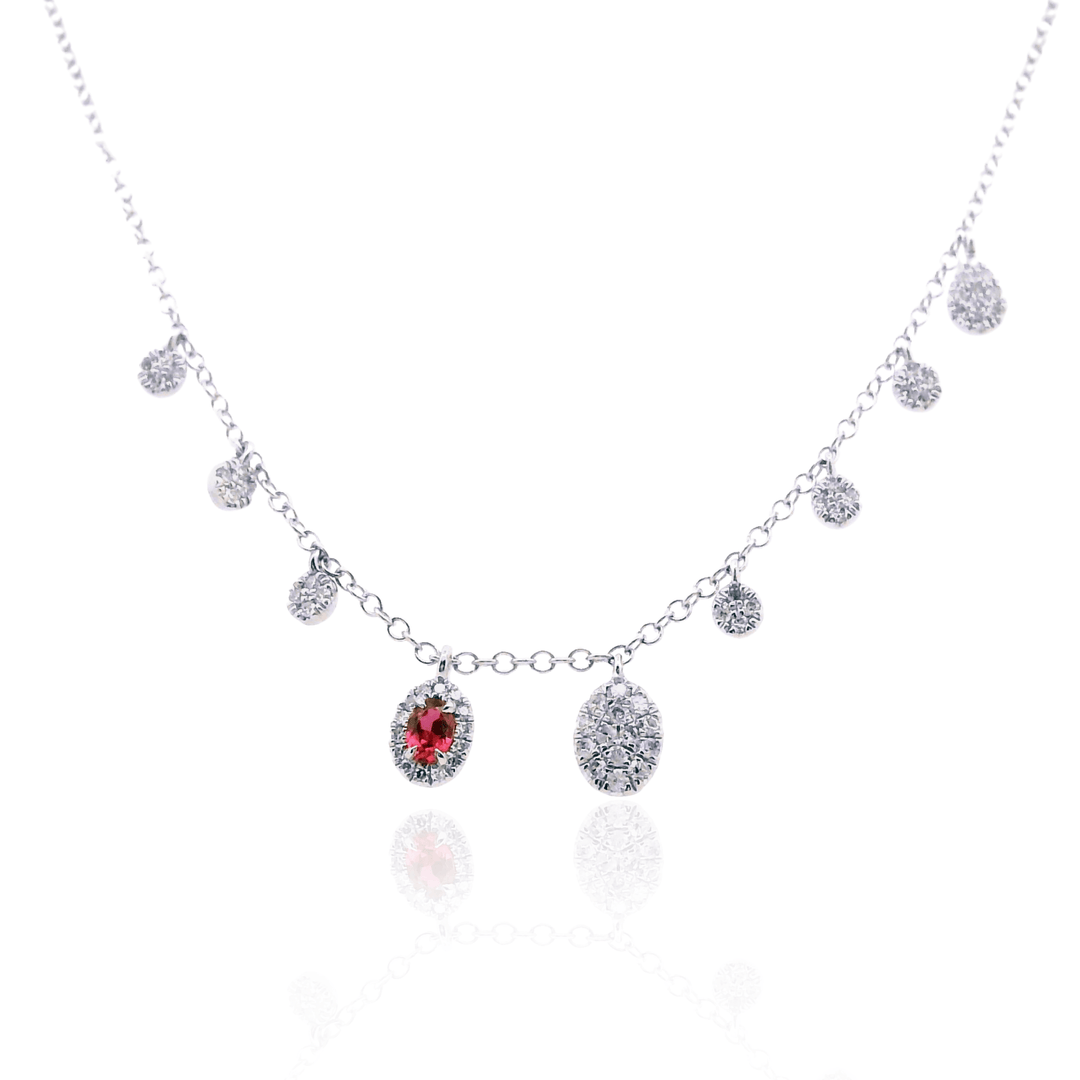 14K White Gold Oval Ruby and Diamond Halo Fringe Necklace