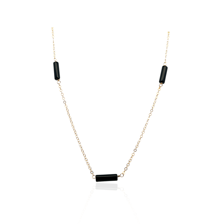 Yellow Gold-Filled Black Onyx Bar Station Necklace