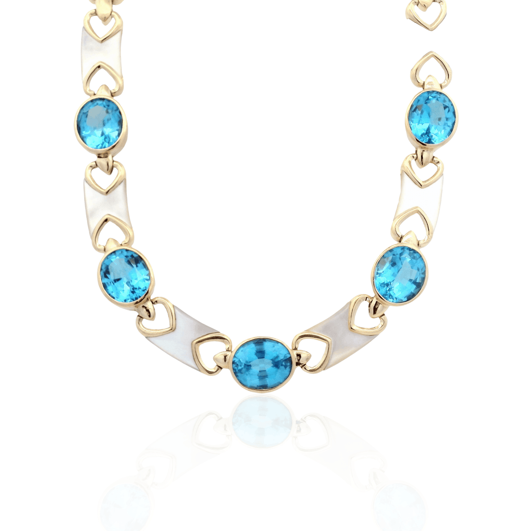 Estate 14K Yellow Gold Blue Topaz & Mother of Pearl Vintage Necklace