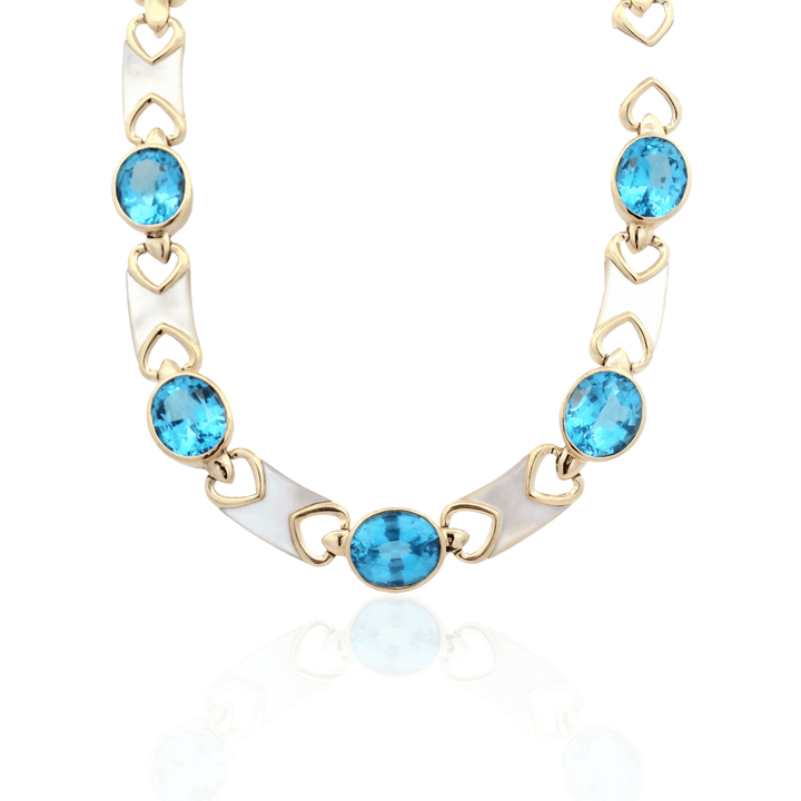 Estate 14K Yellow Gold Blue Topaz & Mother of Pearl Vintage Necklace
