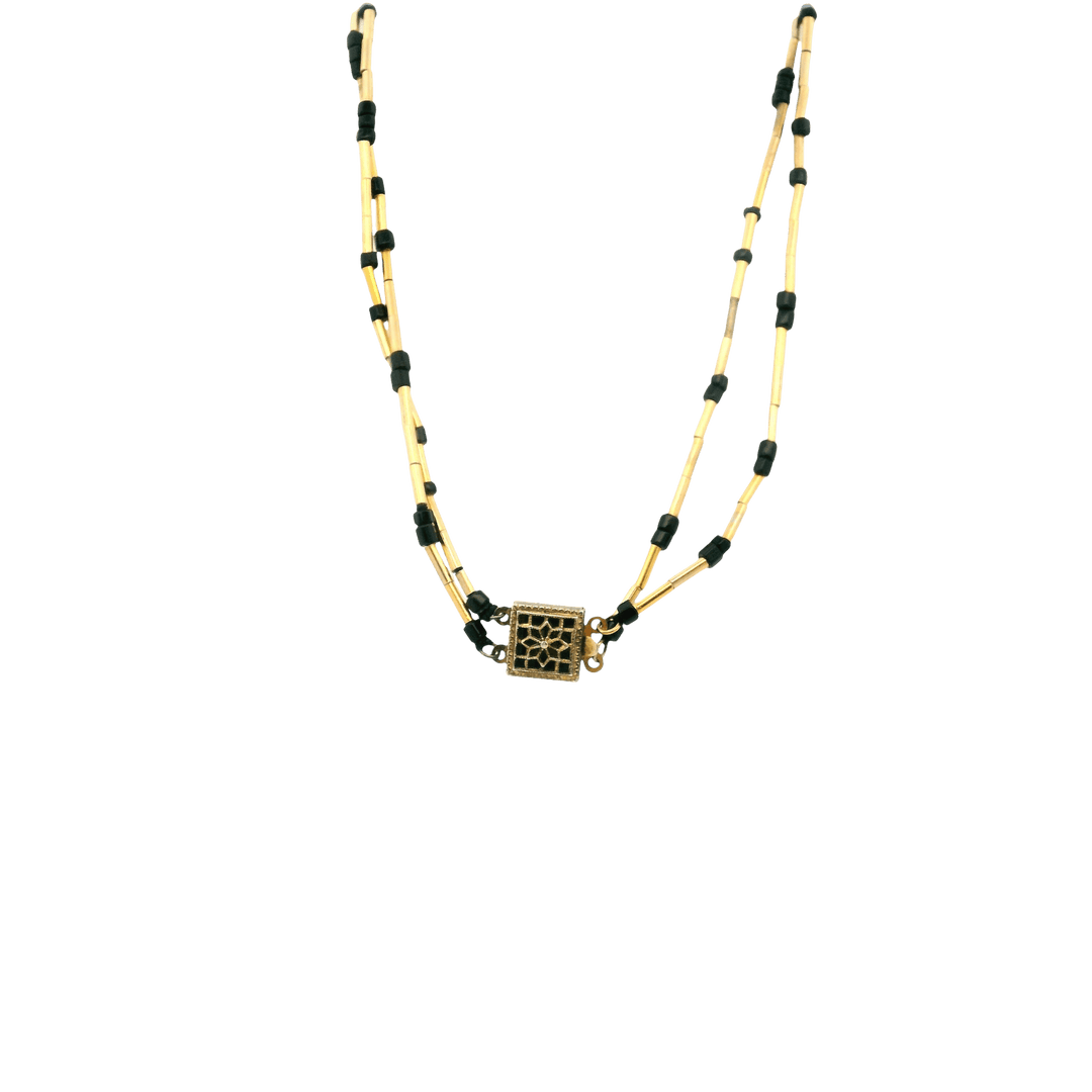 Estate Yellow Gold Filled Black Onyx Beaded And Medallion Necklace