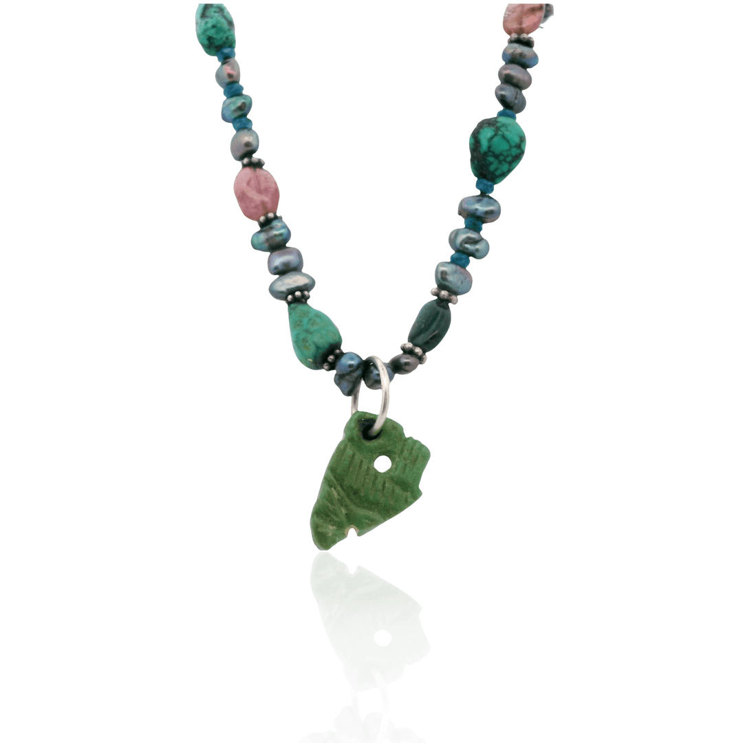 Estate Sterling Silver Turquoise, Black Freshwater Pearl & Tourmaline Bead Necklace