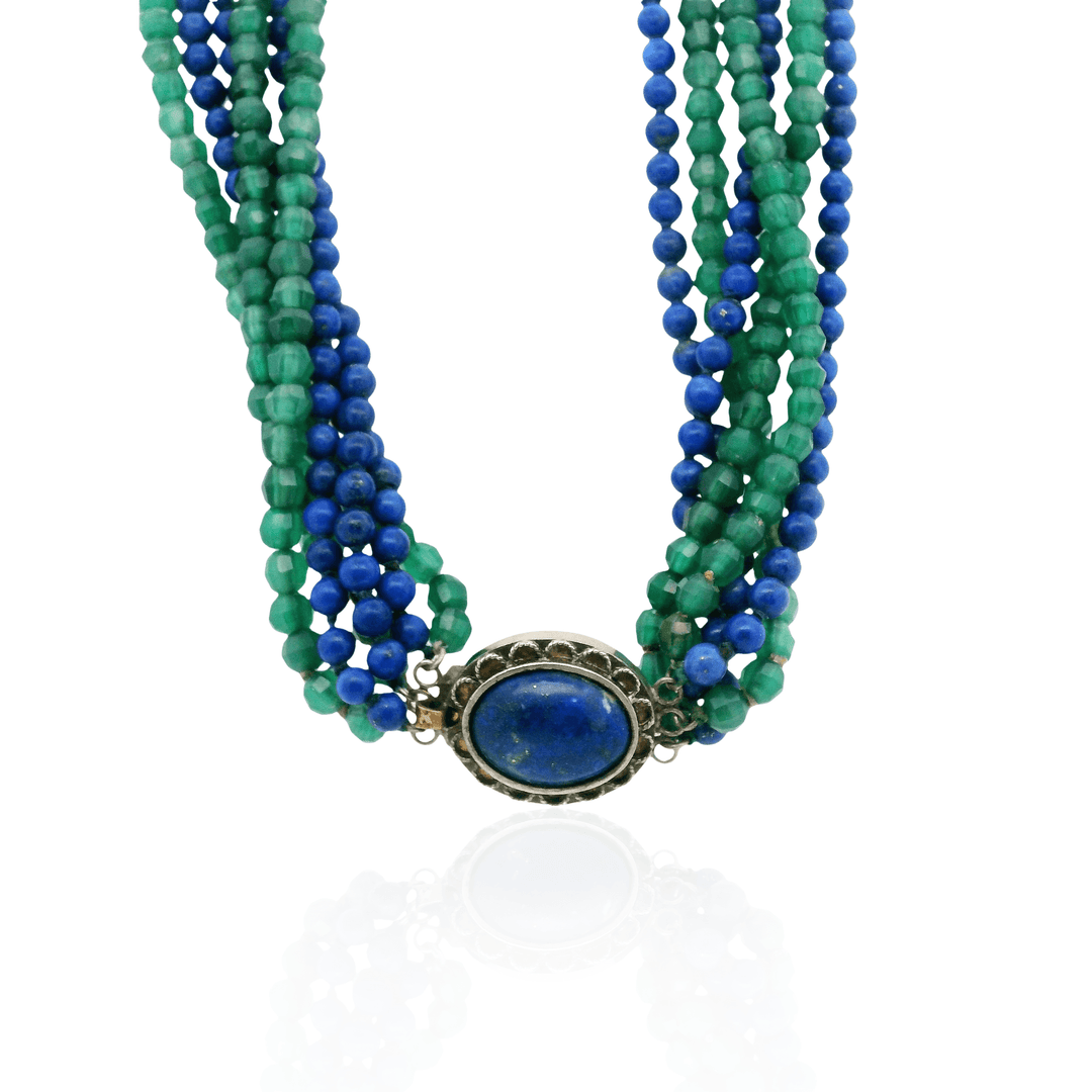 Estate Sterling Silver Lapis Lazuli & Green Quartz Multi-Strand Necklace