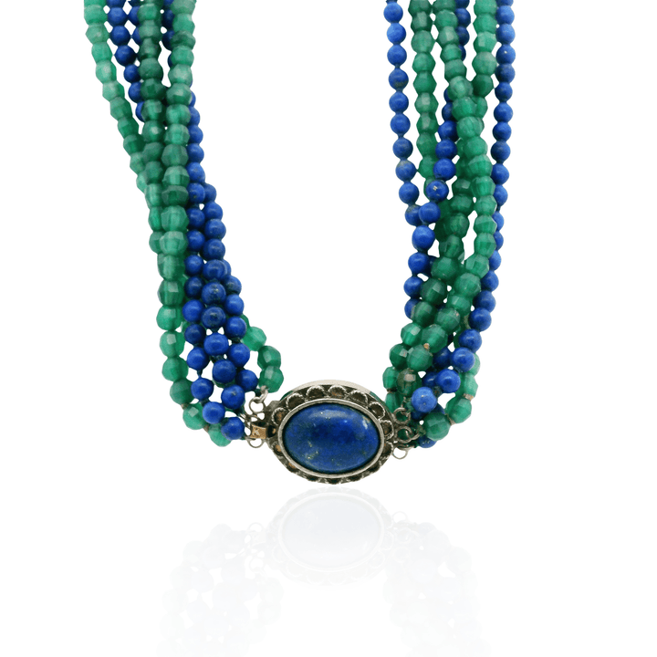 Estate Sterling Silver Lapis Lazuli & Green Quartz Multi-Strand Necklace