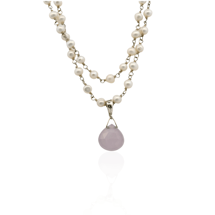 Estate Sterling Silver Rose Quartz & Freshwater Pearl Double Strand Necklace
