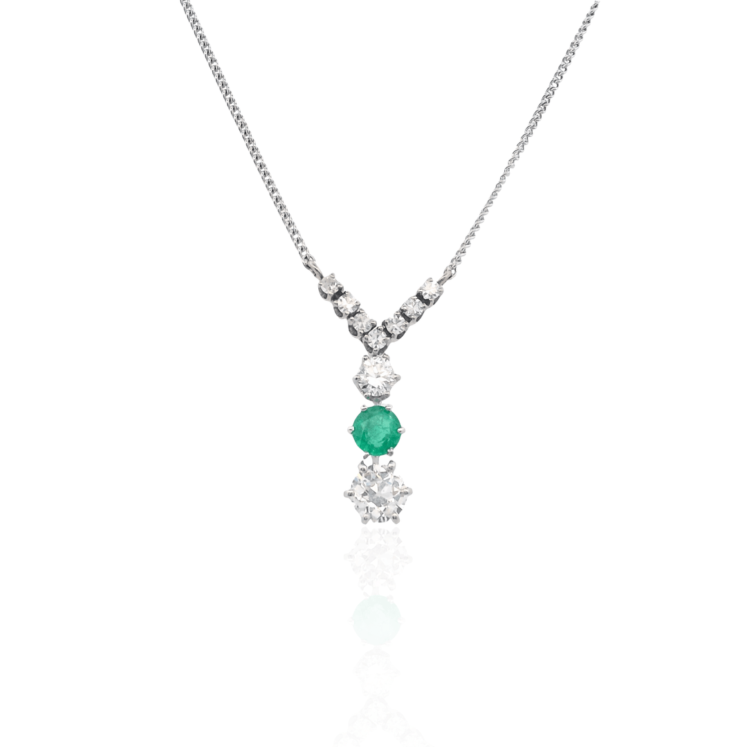 Estate 18K White Gold 1.24ctw Emerald & Diamond Drop Necklace