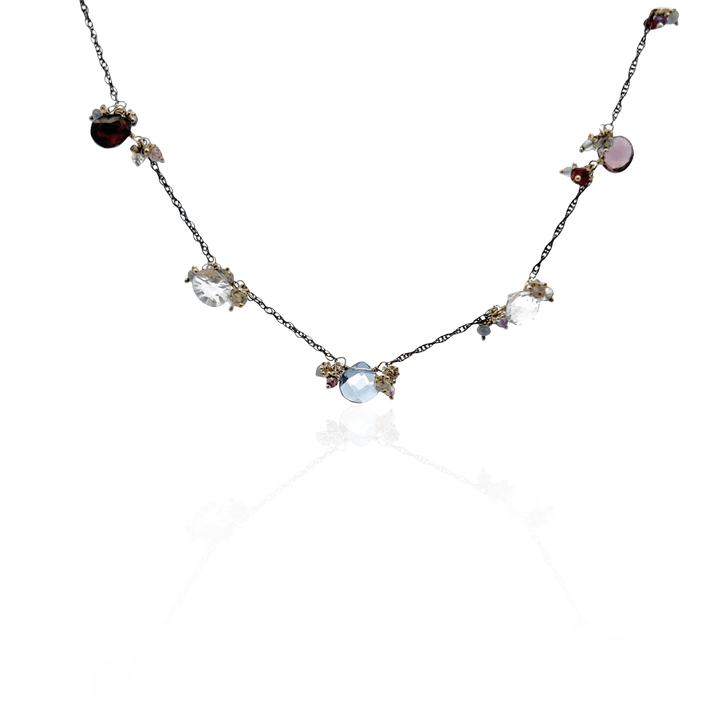 Estate Sterling Silver Multicolored Quartz Station Necklace