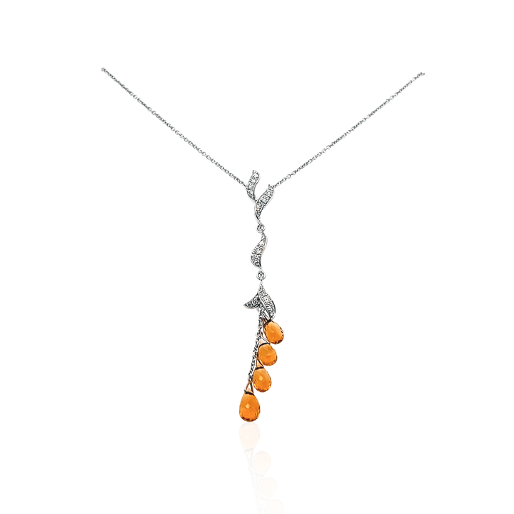 Estate 18K White Gold 3.78CTW Citrine Briolette and Diamond Leaf Drop Necklace