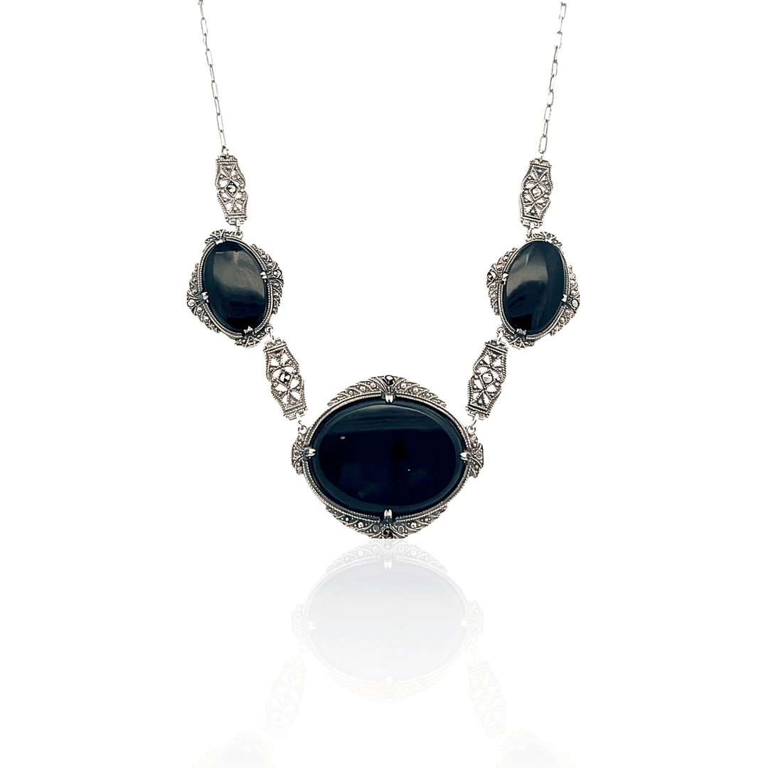 Estate Sterling Silver Black Onyx & Marcasite Art Deco Necklace