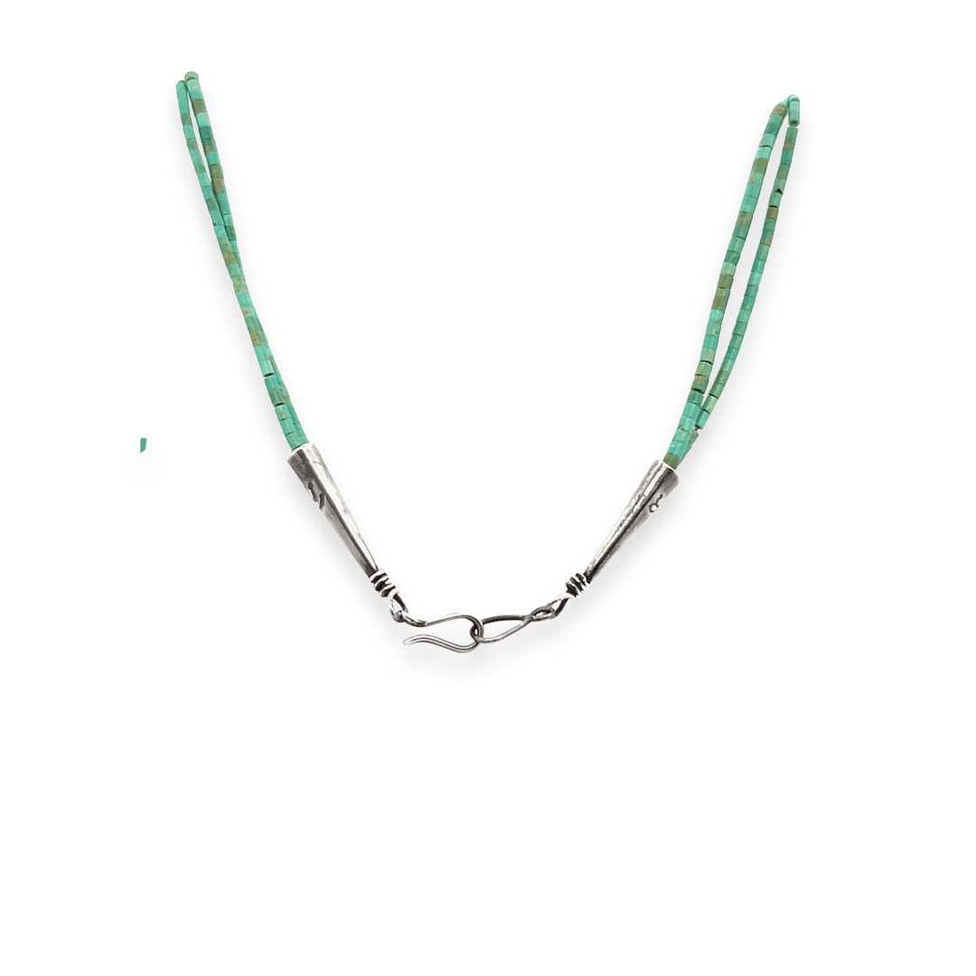 Estate Navajo RmR Signed Sterling Silver Green Turquoise Double Strand Beaded Necklace