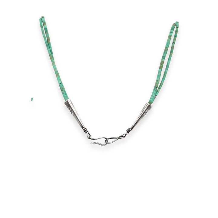 Estate Navajo RmR Signed Sterling Silver Green Turquoise Double Strand Beaded Necklace