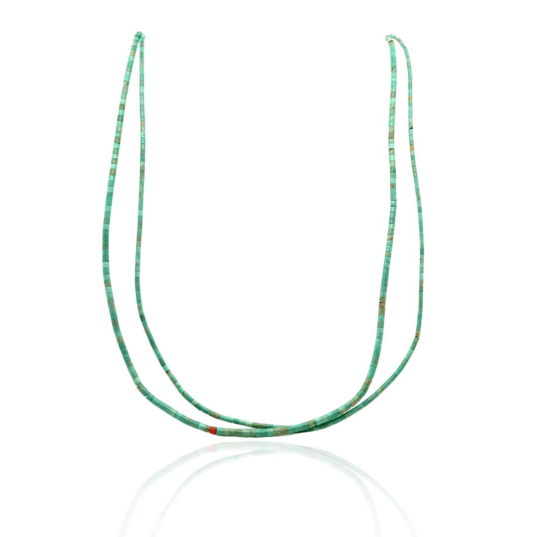 Estate Navajo RmR Signed Sterling Silver Green Turquoise Double Strand Beaded Necklace