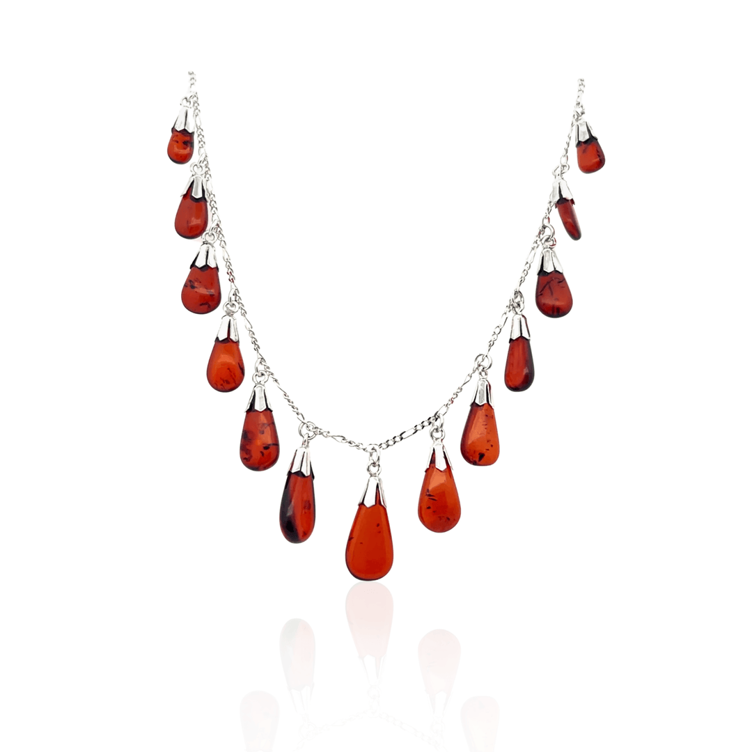 Estate Sterling Silver Graduating Pear Cabochon Amber Station Necklace