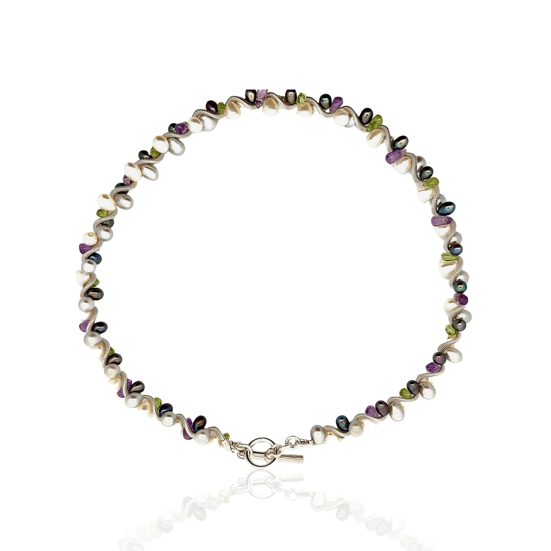 Estate Sterling Silver Peridot, Amethyst & Pearl Beaded Coil Wire Necklace