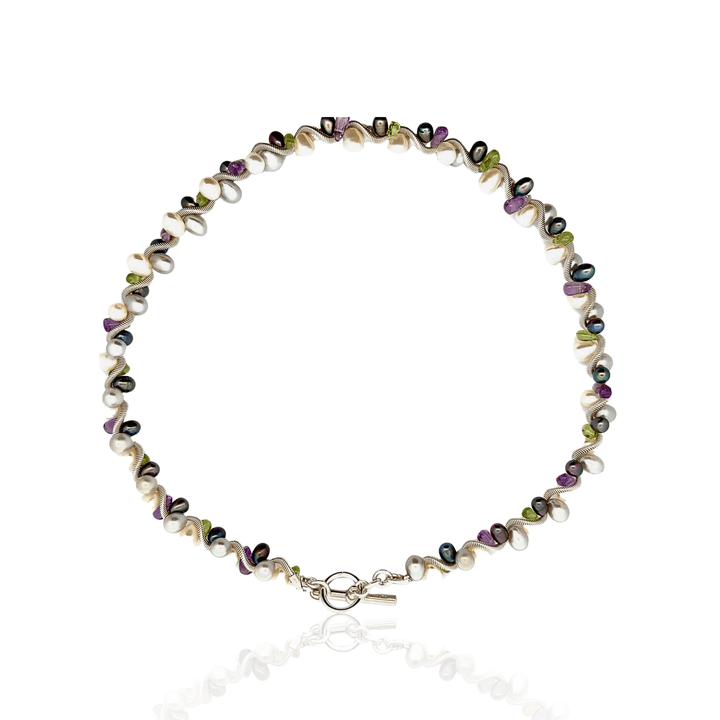 Estate Sterling Silver Peridot, Amethyst & Pearl Beaded Coil Wire Necklace