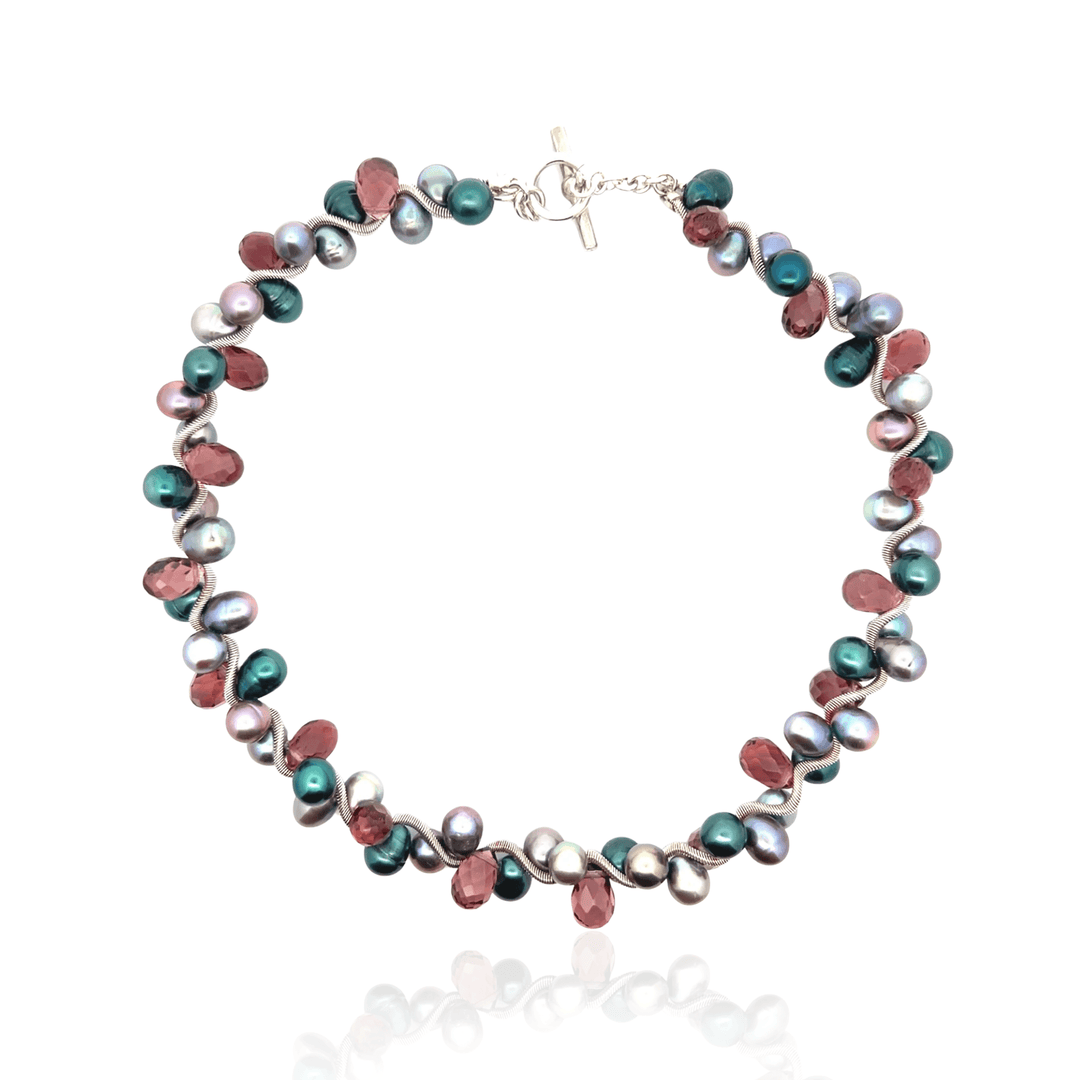 Estate Erica Zap Sterling Silver Multi-Color Pearl & Purple Glass Briolette Coil Wire Cluster Necklace
