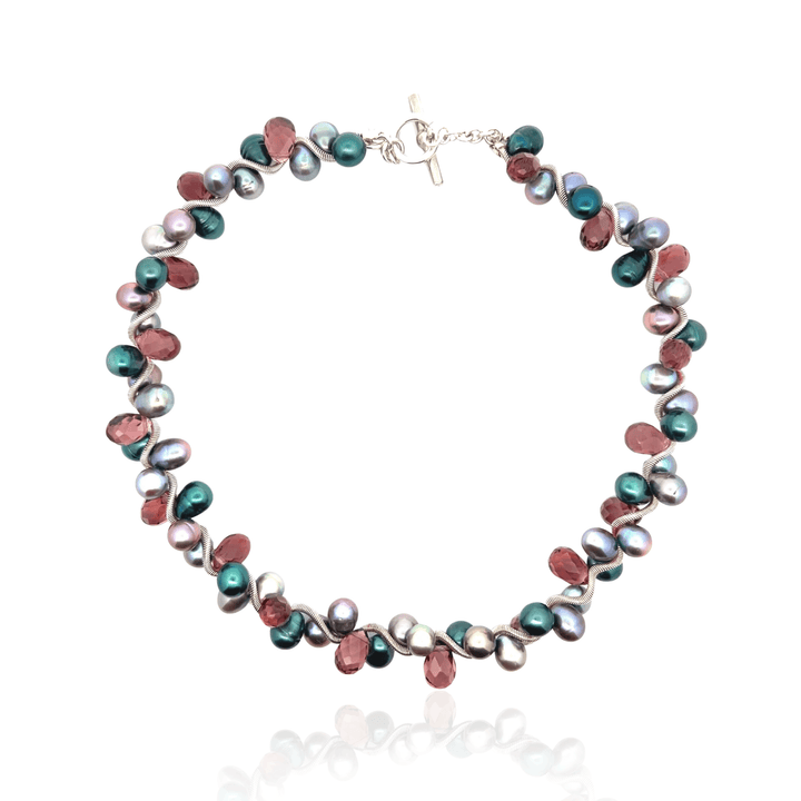 Estate Erica Zap Sterling Silver Multi-Color Pearl & Purple Glass Briolette Coil Wire Cluster Necklace