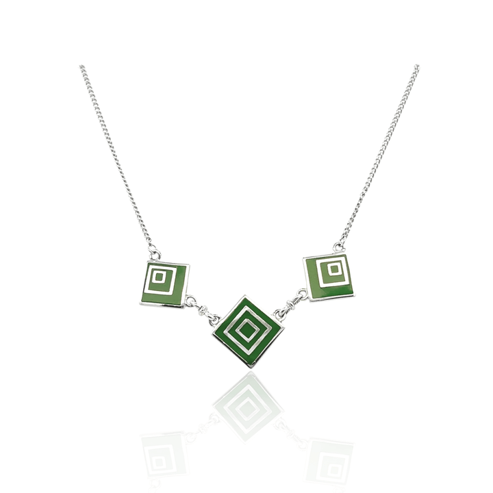 Estate Sterling Silver Green Enamel Square Station Necklace