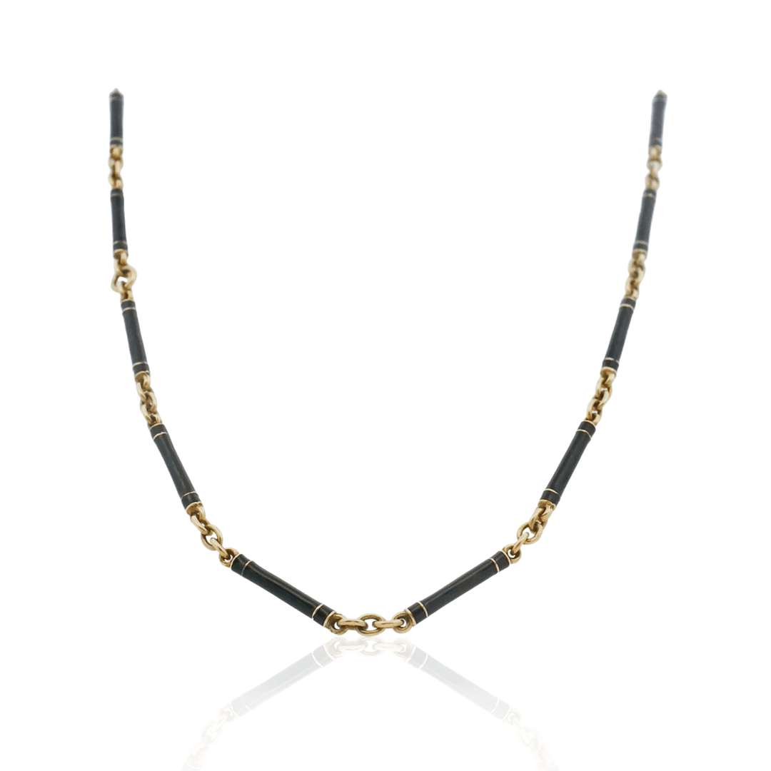 Estate 14K Yellow Gold Black Enamel Tube Link Art Deco Necklace, AS-IS