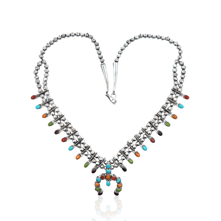 Estate Sterling Silver Multi-Gemstone Vintage Squash Blossom Necklace
