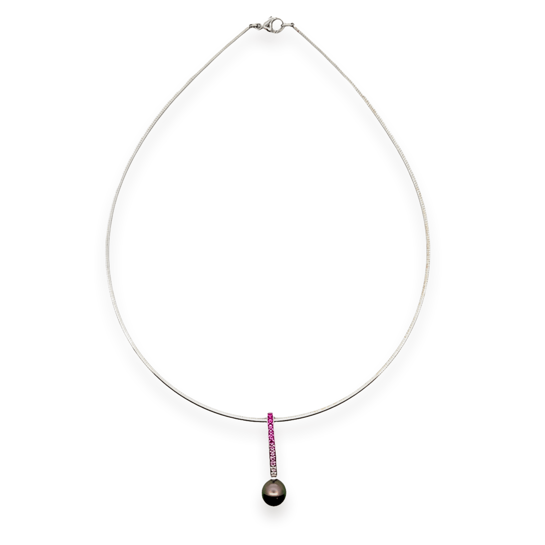 Estate 18K White Gold Mikimoto Pink Sapphire & Black Pearl Pendant Necklace