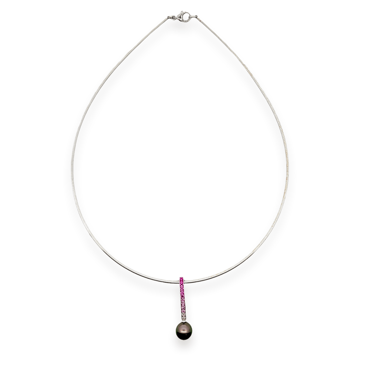 Estate 18K White Gold Mikimoto Pink Sapphire & Black Pearl Pendant Necklace