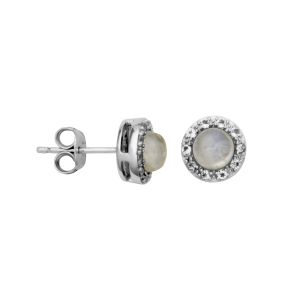 Sterling Silver Rainbow Moonstone & White Topaz Halo Stud Earrings by Samuel B.