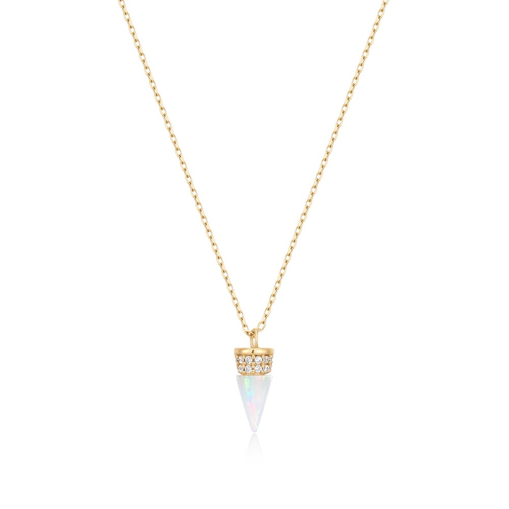 14K Yellow Gold Cone Shaped Opal & Lab Diamond Necklace by Aurelie Gi