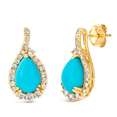 14K Yellow Gold 3.97CTW Pear-Shaped Turquoise & Diamond Halo Stud Earrings