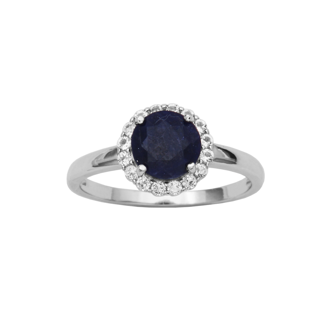 Sterling Silver Dyed Blue Sapphire & White Topaz Halo Ring by Samuel B.