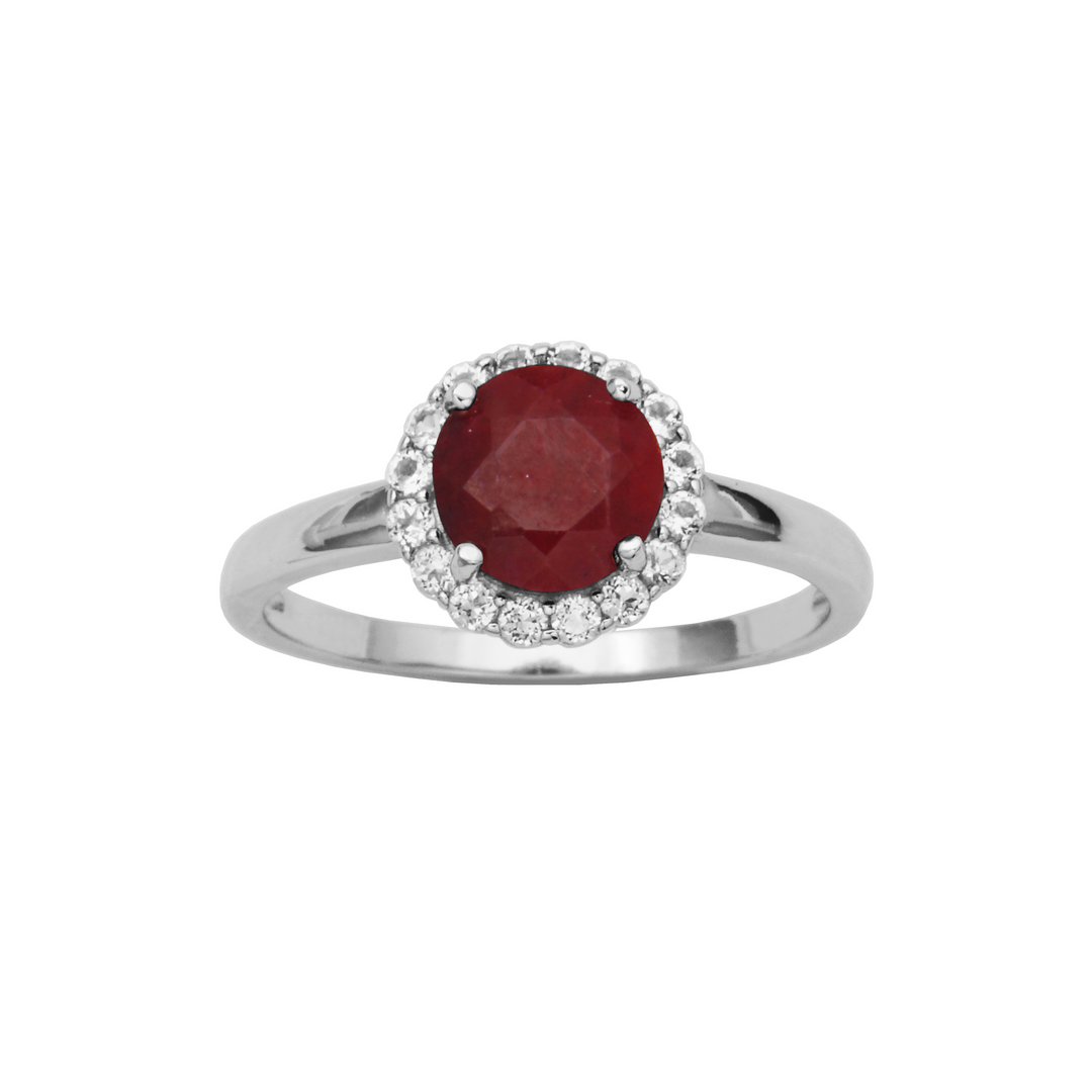 Sterling Silver Dyed Red Corundum & White Topaz Halo Ring by Samuel B.