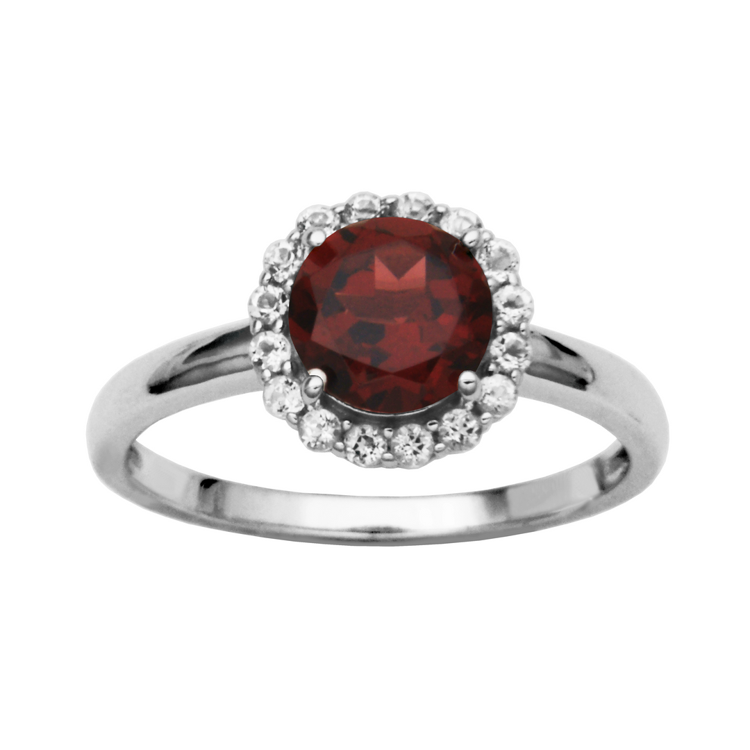Sterling Silver Garnet & White Topaz Halo Ring by Samuel B.