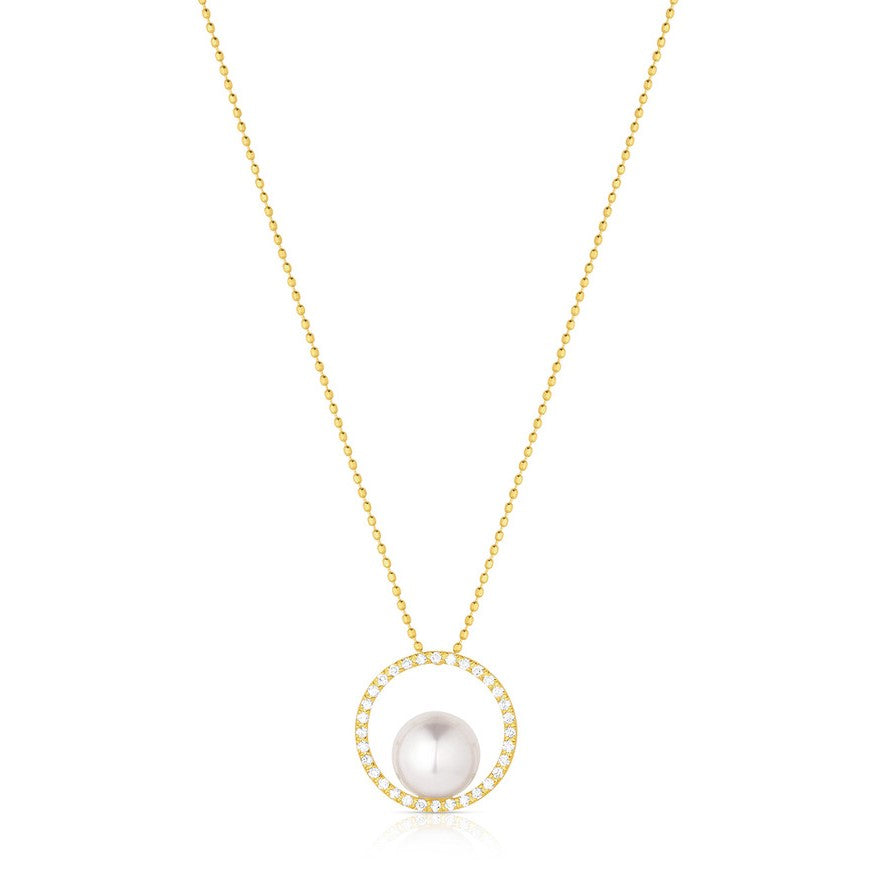 18K Yellow Gold 7.5-8mm Cultured Akoya Pearl & Diamond Open Circle Necklace
