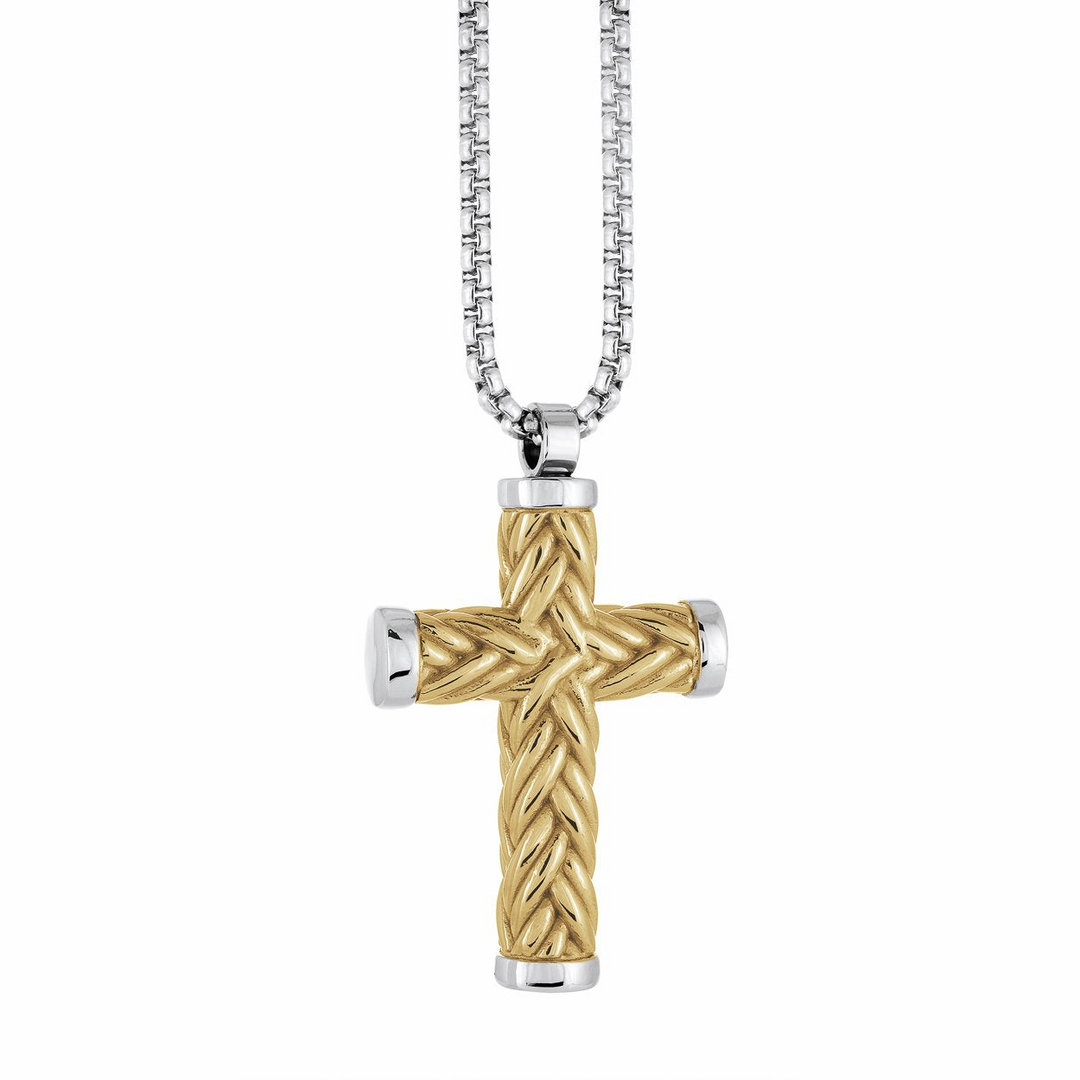 Stainless Steel & Yellow Gold Plated Men's Weave Design Cross Pendant Necklace