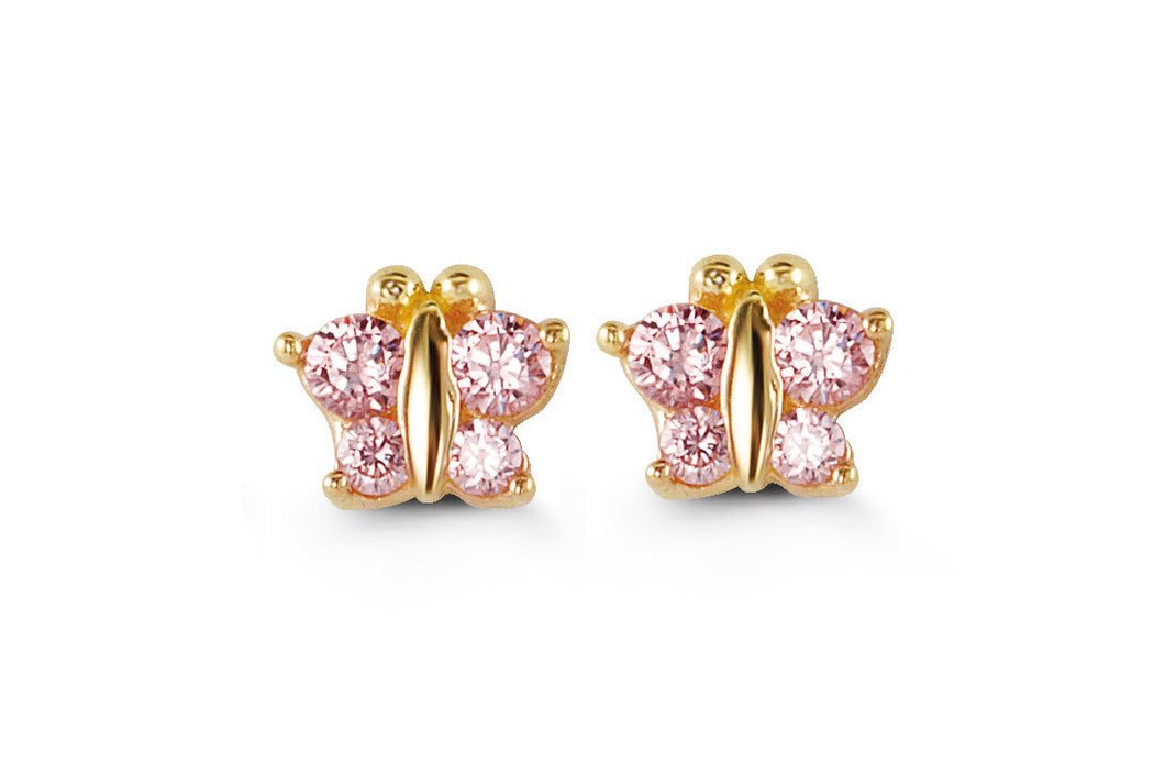 14K Yellow Gold Pink Cubic Zirconia Butterfly Petite Stud Earrings