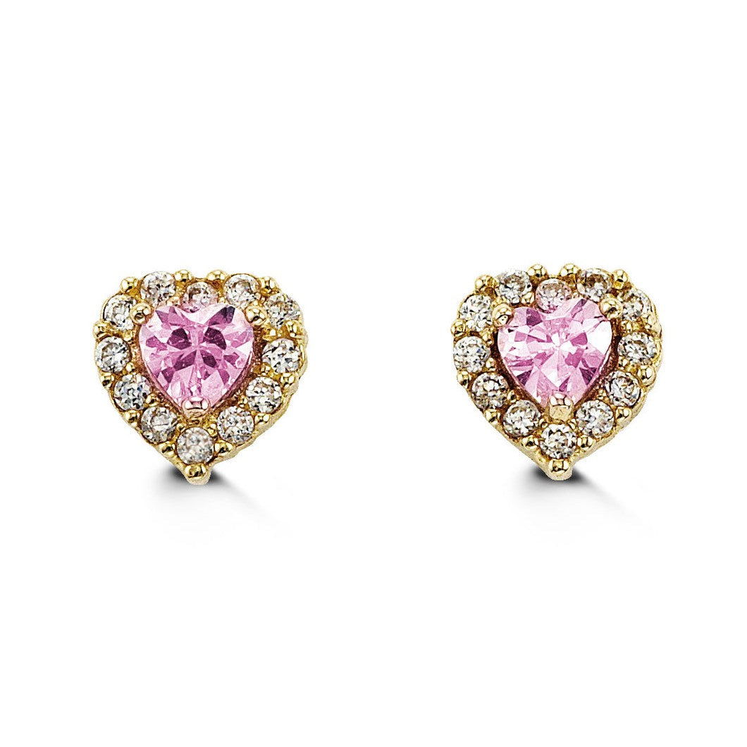 14K Yellow Gold White & Pink Cubic Zirconia Halo Heart Stud Earrings
