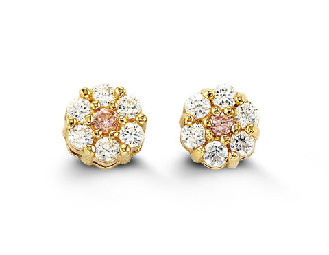 14K Yellow Gold White & Pink Cubic Zirconia Cluster Stud Earrings