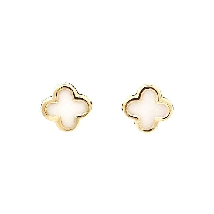 14K Yellow Gold White Enamel Clover Stud Earrings